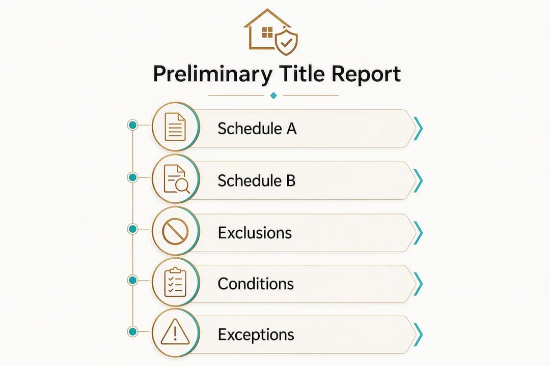 Infographic diagram outlining California prelim report sections