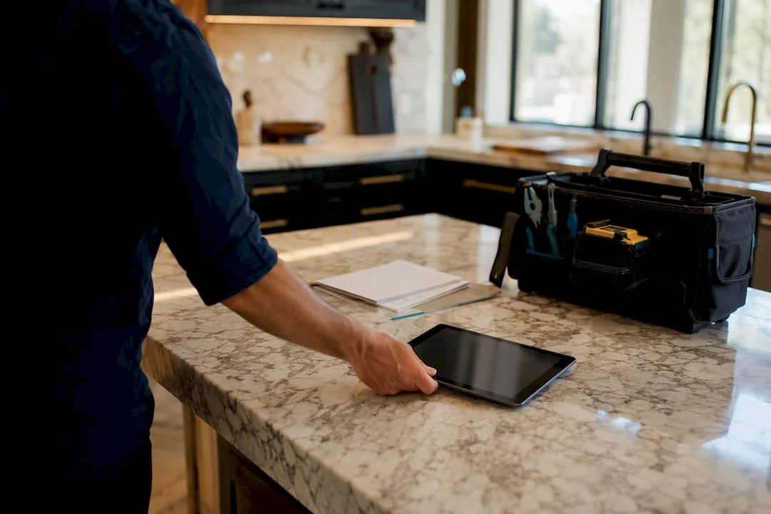 Hand setting down tablet after home inspection
